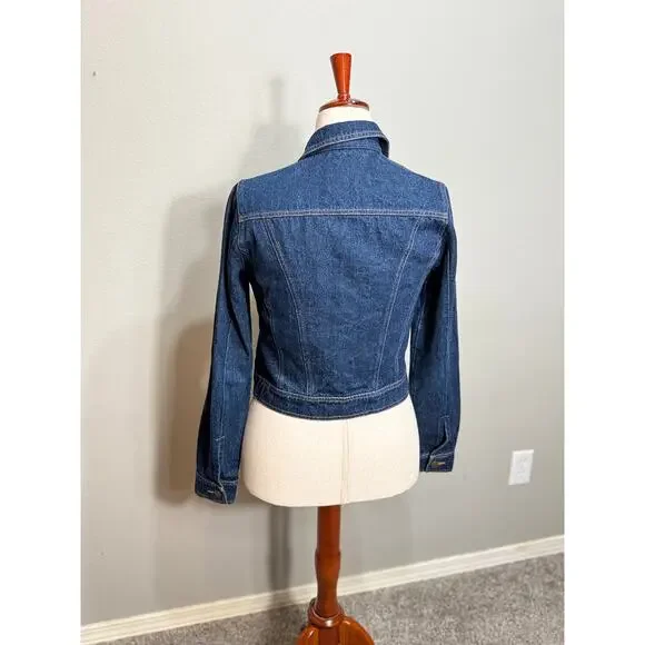 BCBG jean jacket dark blue denim 100% cotton button up collar pockets Sz S - Picture 5 of 7